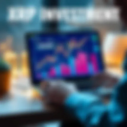 A person analyzing financial graphs related to XRP investment with a laptop and charts showing upward trends, symbolizing long-term growth potential.