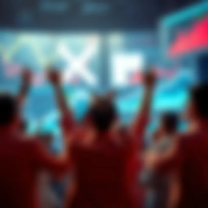 A group of XRP investors celebrating with charts and graphs showing growth on screens in the background, reflecting their optimism about future gains.