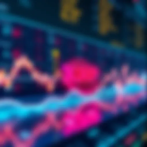 A line graph showing the rising and falling price of XRP cryptocurrency over time with market indicators in the background.