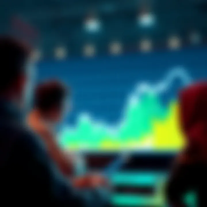 A line graph showing the declining price of XRP with worried investors looking at their screens