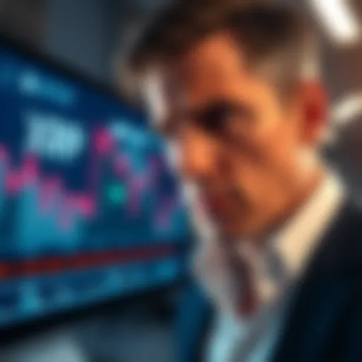 A worried investor looks at a digital display showing XRP price fluctuations and court documents in the background, symbolizing market manipulation and judicial delays.