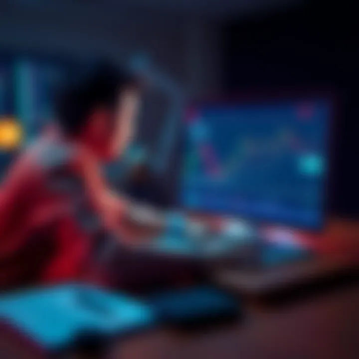 A person sits at a desk, looking at a laptop with a graph showing fluctuating cryptocurrency values and dollar signs, contemplating selling XRP holdings