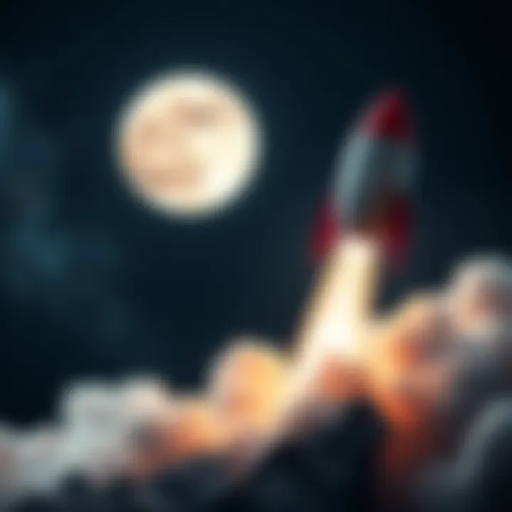 A rocket with the XRP logo soaring towards the moon, symbolizing the cryptocurrency's rise in value
