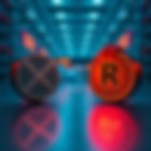 Graphic showing XRP and RLUS logos facing off against each other in a market setting