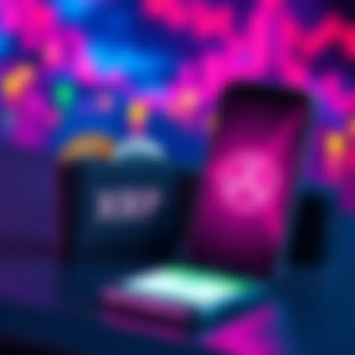 A visual representation of investing in XRP on Robinhood, showing a digital wallet with XRP coins and a smartphone displaying the Robinhood app.