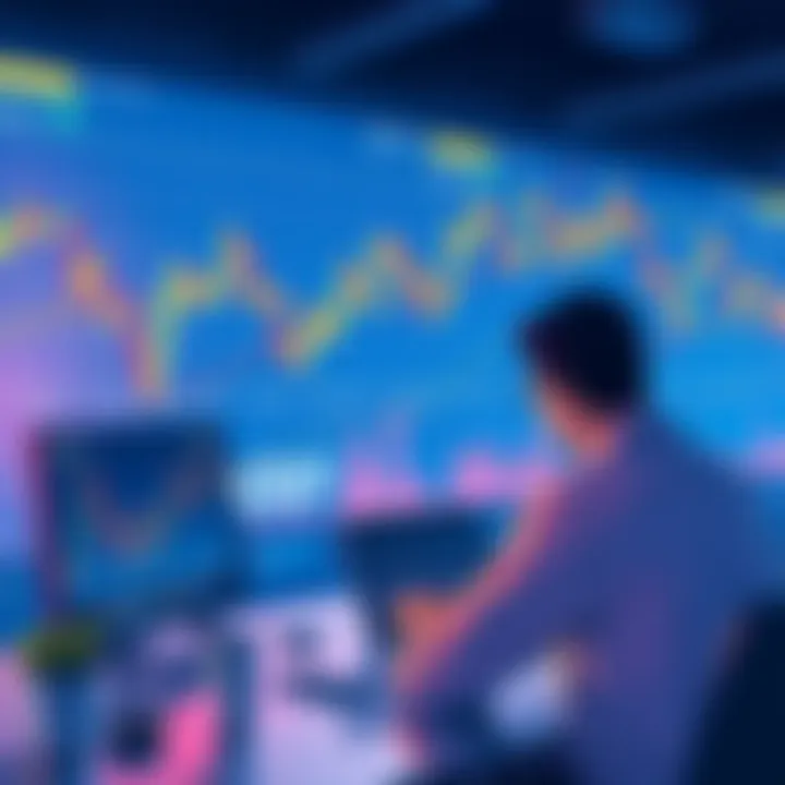 An illustration showing a chart with XRP price trends and a person analyzing trading options on a laptop.