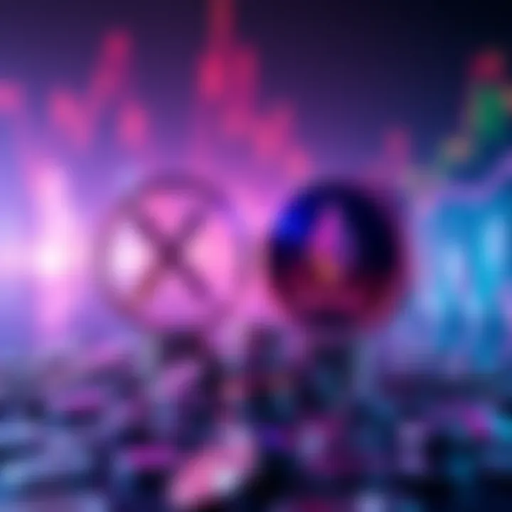 A visual comparison of XRP and ETH with financial symbols, reflecting investment choices for 2025