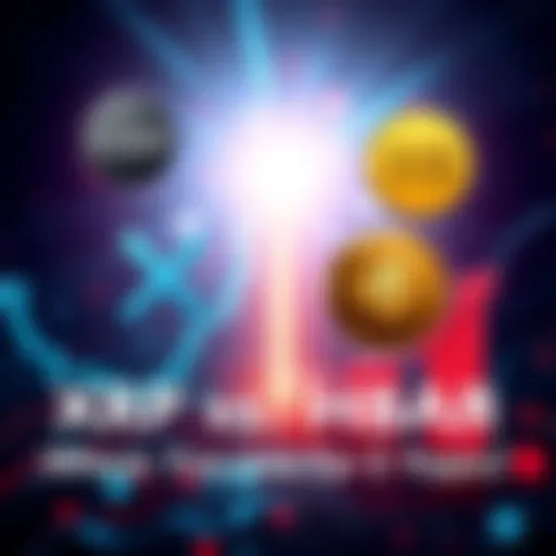 A graphic showing XRP and HBAR logos with upward trends in price charts, symbolizing their potential growth over the next 5 years