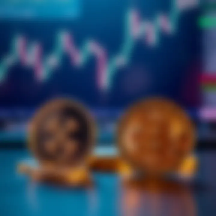 A close-up view of XRP and Bitcoin coins next to each other on a table, representing a potential trade option, with a blurred background of a digital graph