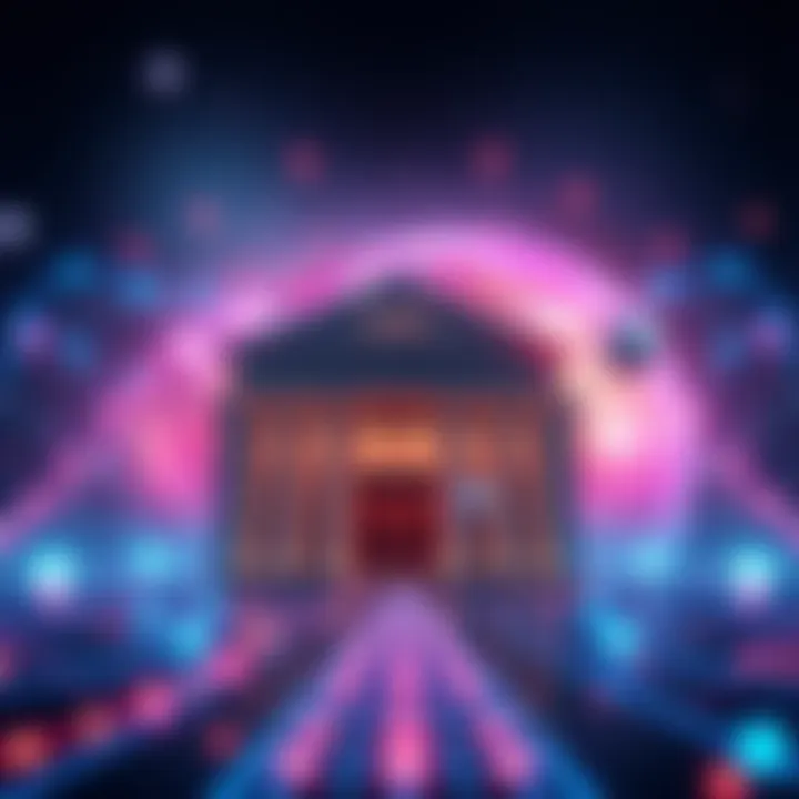 XRPL Permissioned Domains Concept A visual representation of XRPL's Permissioned Domains, featuring a bank building connected to a blockchain network, symbolizing the link between traditional finance and blockchain technology.