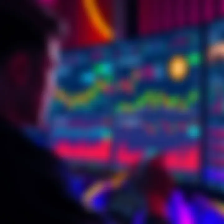 A person looking at charts and graphs representing Xtz and tzBTC farming strategies on a computer screen with cryptocurrency symbols visible