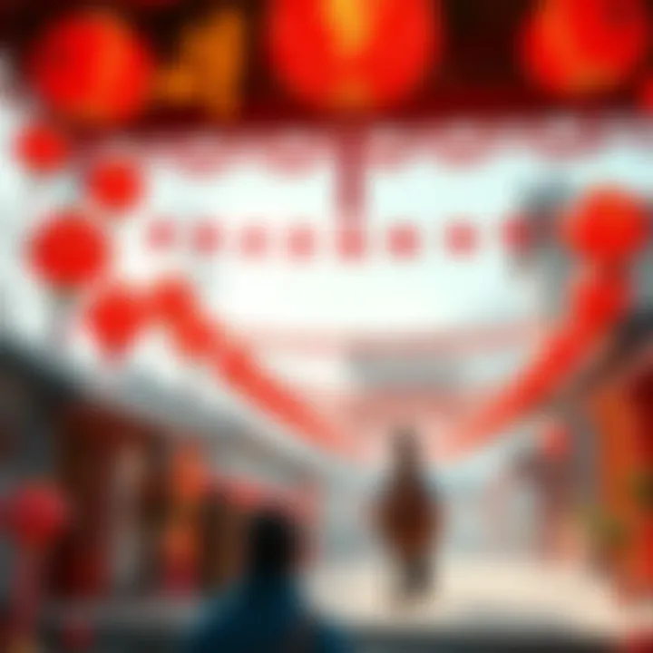 A festive scene depicting decorations and symbols of the Year of the Horse, with red lanterns and traditional Chinese motifs celebrating the New Year