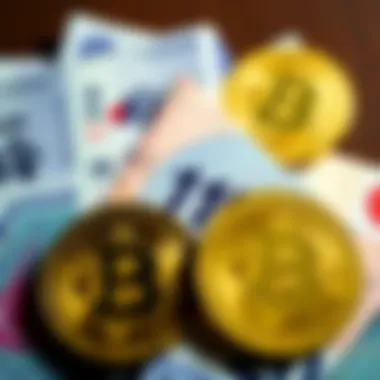A close-up of Japanese yen notes alongside Bitcoin coins, illustrating the impact of Japan's currency intervention on Bitcoin traders.