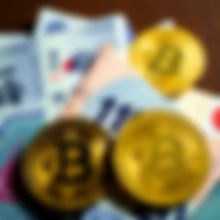 A close-up of Japanese yen notes alongside Bitcoin coins, illustrating the impact of Japan's currency intervention on Bitcoin traders.