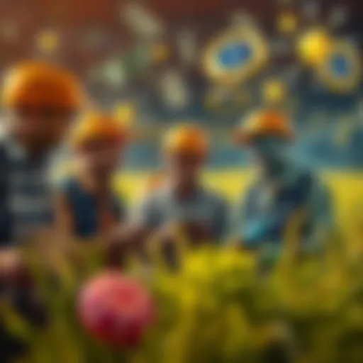 A group of yield farmers discussing their preferences between cash rewards and token incentives, with visuals of cash and tokens in the background.