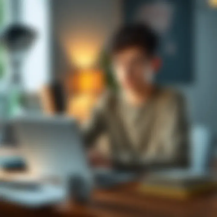 A 19-year-old sitting at a desk looking anxious while holding a laptop, with notes and a coffee cup around, contemplating education and investments.