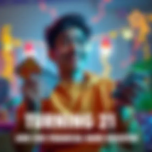 Young Adult Celebrating Financial Milestone A 21-year-old celebrates reaching $20,000 in savings while holding PokΓ©mon cards and a smartphone showing cryptocurrency graphs.