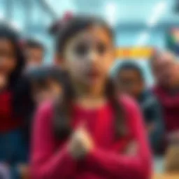 A 12-year-old Canadian girl stands confidently, sharing her thoughts about the banking system, with a group of attentive peers and adults around her.