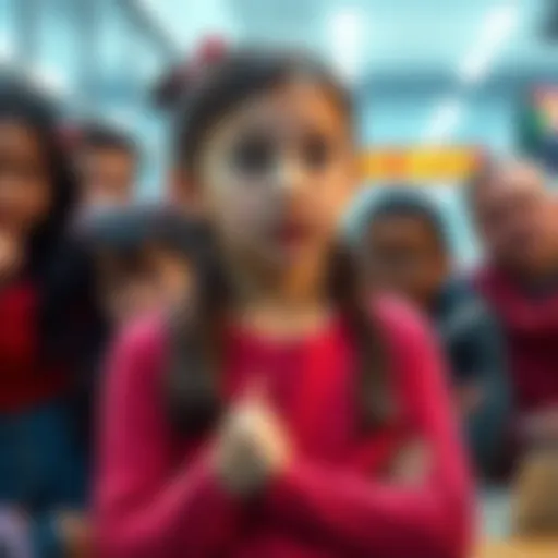 A 12-year-old Canadian girl stands confidently, sharing her thoughts about the banking system, with a group of attentive peers and adults around her.