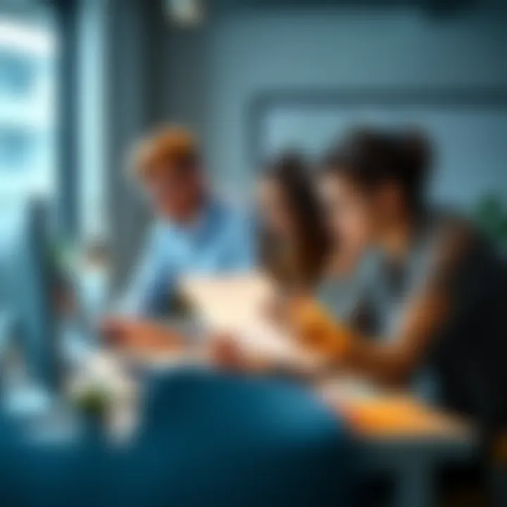 A group of young interns collaborating on a project at a desk, showing mixed expressions of focus and confusion