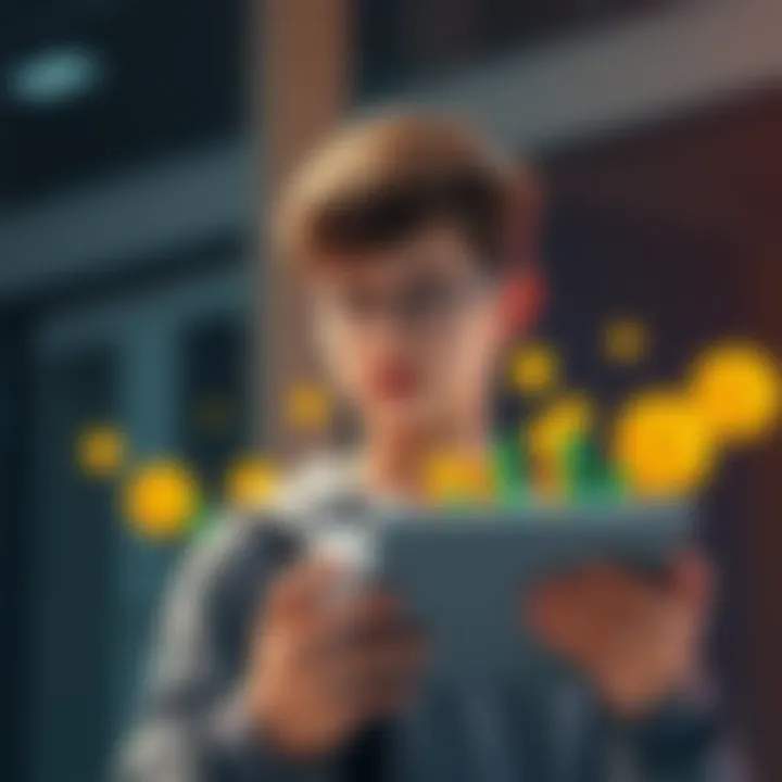 Young Investor with Crypto Coins A 16-year-old holding a tablet displaying cryptocurrency charts and coins, looking excited about his investment growth.