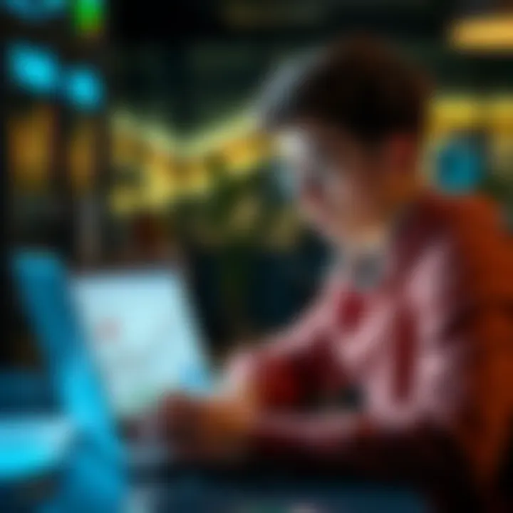 An 18-year-old looking at investment options on a laptop with financial charts visible