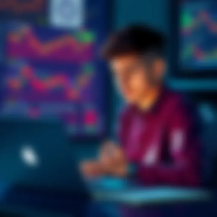 A 22-year-old man sitting at a desk with a laptop, looking at cryptocurrency charts, with a thoughtful expression as he plans his investment strategy.