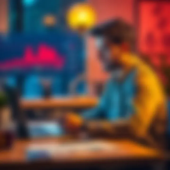 A 21-year-old man sits at a desk with a laptop, looking at cryptocurrency charts while taking notes. He has a hopeful expression as he researches various coins like LINK and XRP.