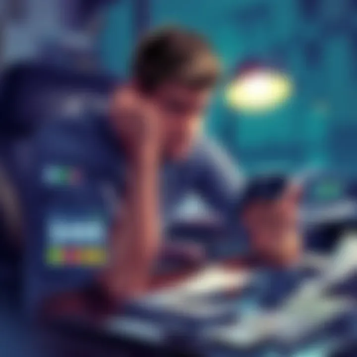 A young man with a worried expression looks at his phone, showing a financial loss on a crypto trading app. He sits at a cluttered desk with bills and papers scattered around, reflecting his financial...
