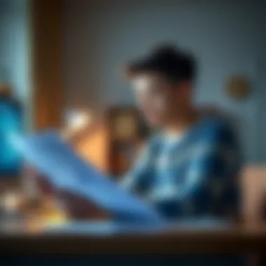 Young man thinking about investment A young man sitting at a desk, looking thoughtfully at a financial plan while at home, reflecting on his first investment opportunity.
