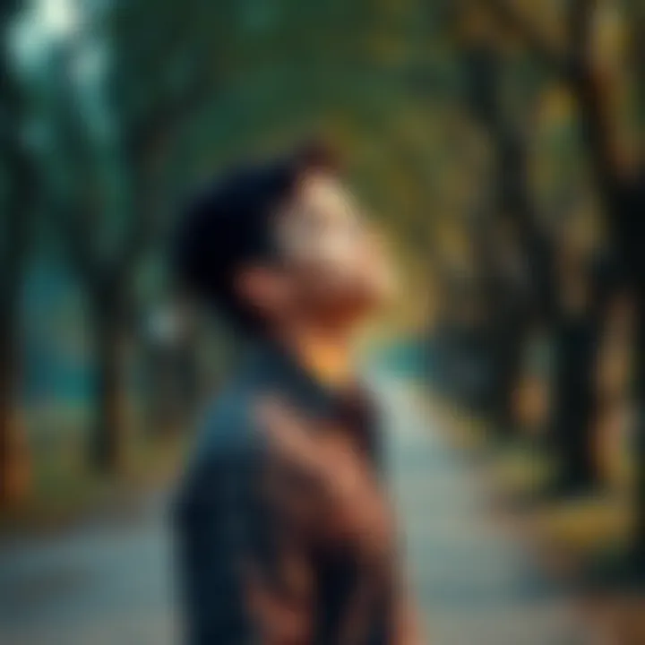 A young man standing on a path with trees, looking thoughtful as he contemplates his future and journey to adulthood.