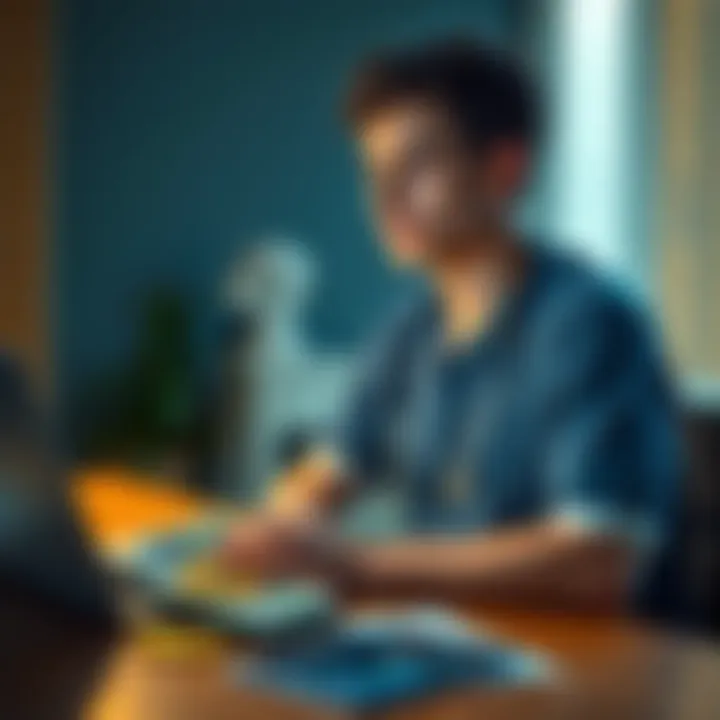 A young male nurse sitting at a desk, looking thoughtfully at a laptop displaying Bitcoin graphs, with €10,000 in cash beside him.