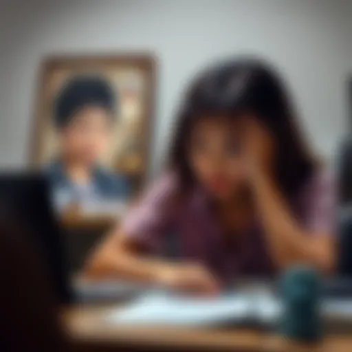 A 21-year-old woman sitting at a desk with her head in her hands, looking stressed as she contemplates dropping out of university while a picture of her mother is in the background.