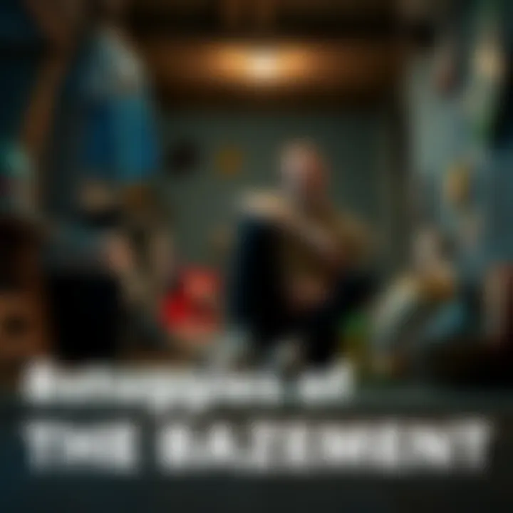 Young adult sitting in a basement A young adult reflecting quietly in a dimly lit basement, surrounded by childhood items, representing the struggle of balancing family and independence