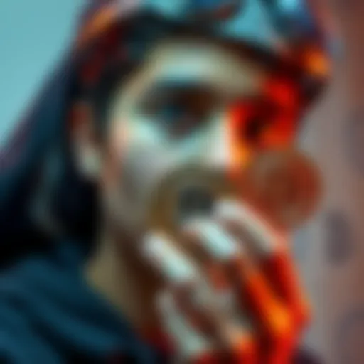 A 21-year-old holding a physical Bitcoin coin with a thoughtful expression, considering financial future.