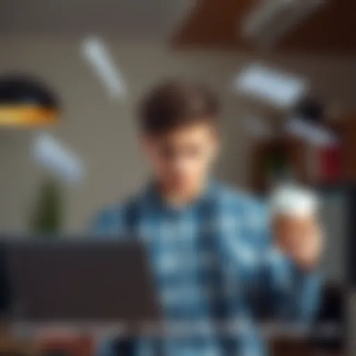 Young Adult Juggling Jobs A young adult balancing work tasks with multiple job items like a laptop, coffee cup, and job applications, looking stressed and overwhelmed.