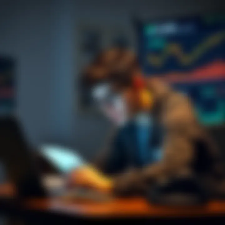 A 22-year-old sitting at a desk with a laptop, looking worried while reviewing financial statements and crypto charts.