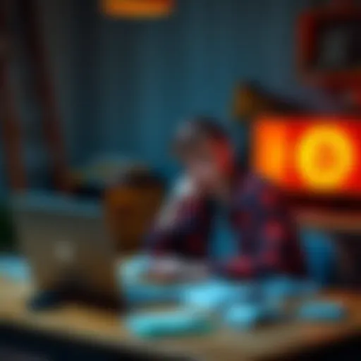 A young carpenter sits at a table with a laptop and financial documents, looking thoughtful about financing Bitcoin through loans.
