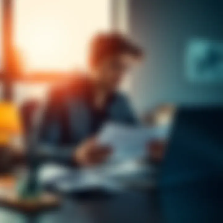 A young entrepreneur in Switzerland sitting at a desk, looking at financial papers and a laptop with a thoughtful expression, symbolizing his decision on whether to invest or diversify his assets.