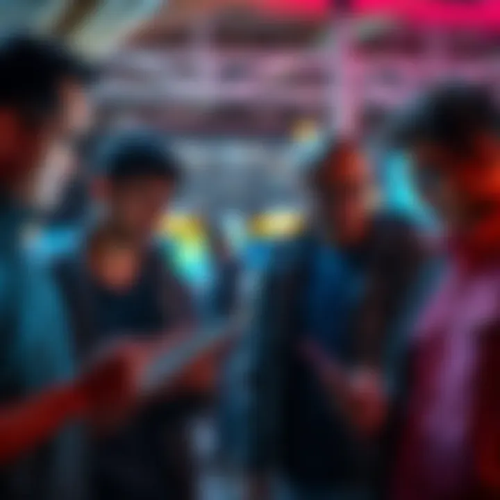 A group of young men discussing prediction markets with excitement, showing tablets and smartphones with graphs and betting options on the screens