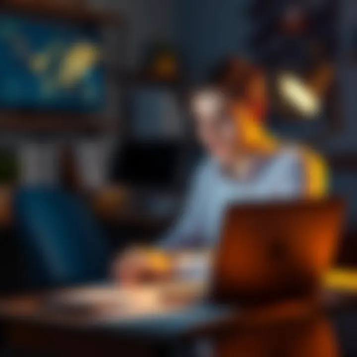 A 21-year-old man sitting at a desk with a laptop, researching Bitcoin investment strategies, surrounded by charts and notes.