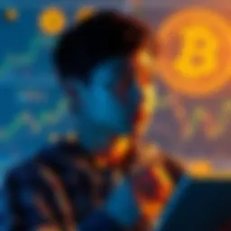 A young person looks at charts and Bitcoin symbols while contemplating investing their savings in cryptocurrency.
