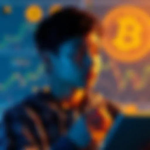 A young person looks at charts and Bitcoin symbols while contemplating investing their savings in cryptocurrency.