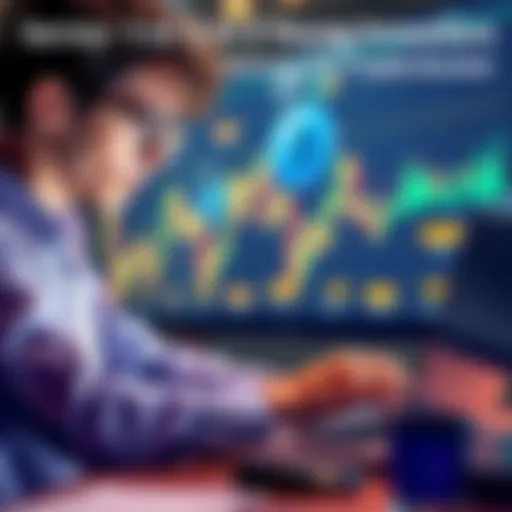 A young investor looking at financial charts and cryptocurrency options on a laptop