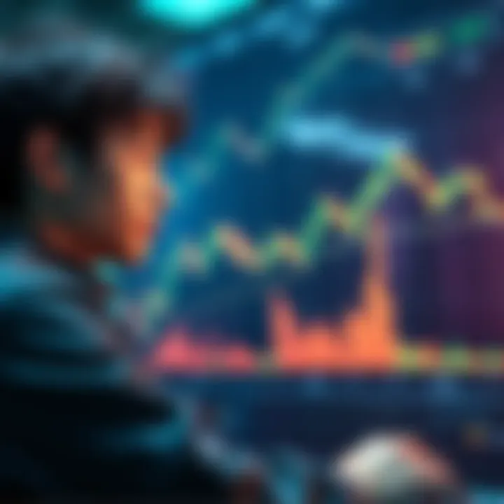 A young investor looks at a chart displaying cryptocurrency market trends, pondering whether to invest now or wait for a potential dip.