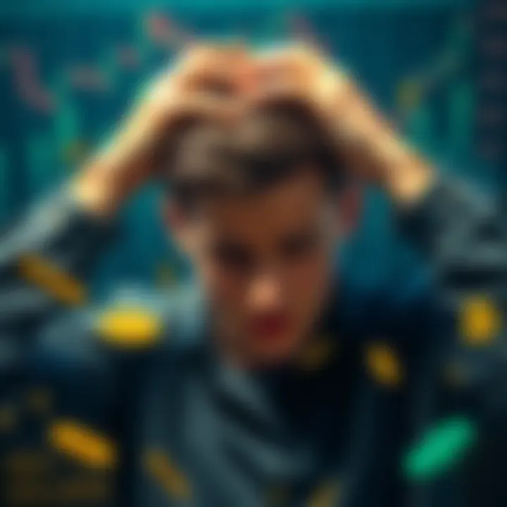 A young man in his twenties showing sadness and frustration while holding his head in his hands, surrounded by charts and crypto symbols, representing his financial struggles in the crypto market