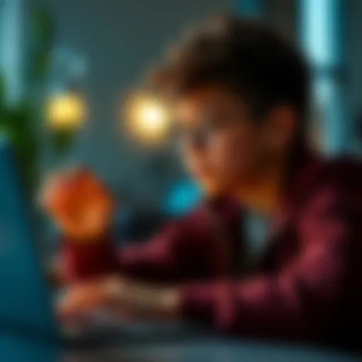 An 18-year-old reviewing investment options on a laptop with a thoughtful expression