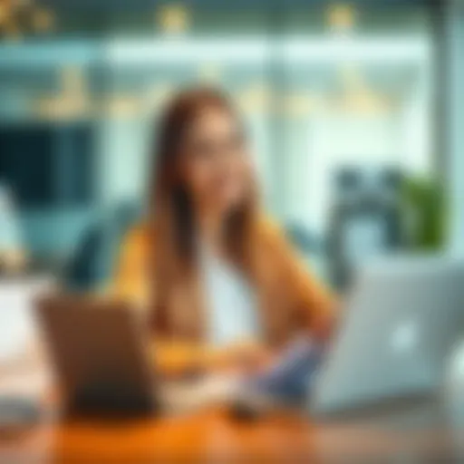 19-year-old woman smiling while reviewing her investment portfolio at a desk with financial papers and a laptop