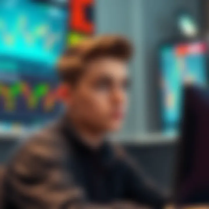 A 24-year-old investor looks thoughtfully at a computer screen displaying stock charts and investment options, contemplating his financial decisions.