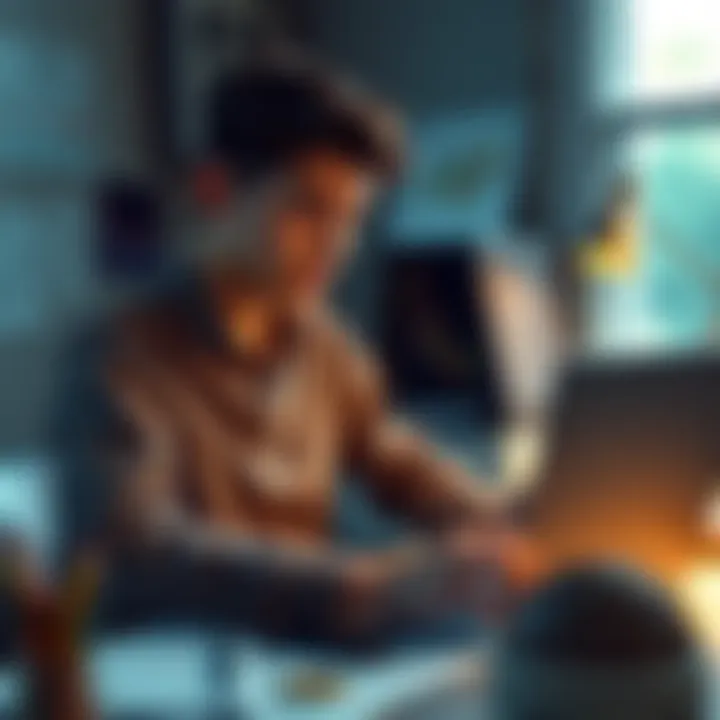 Young Investor Reflects on Bitcoin A 20-year-old finance student sitting at a desk with a laptop, looking thoughtful while analyzing Bitcoin charts and community advice on papers.